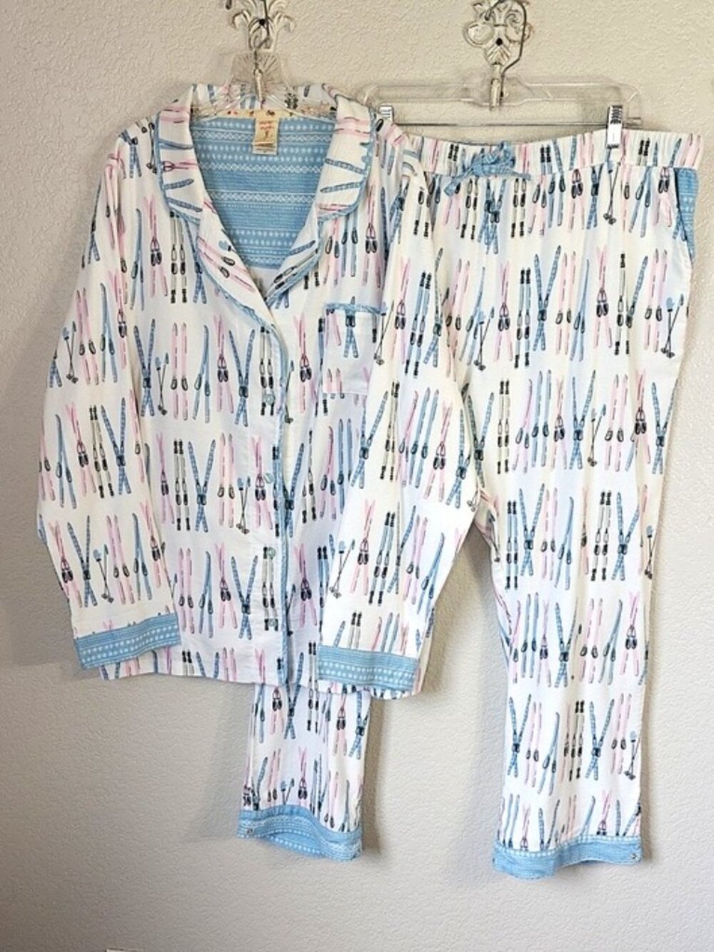 munki munki XXL Flannel Pajama Set Snow Skis Notch Collar Long Sleeves & Pants